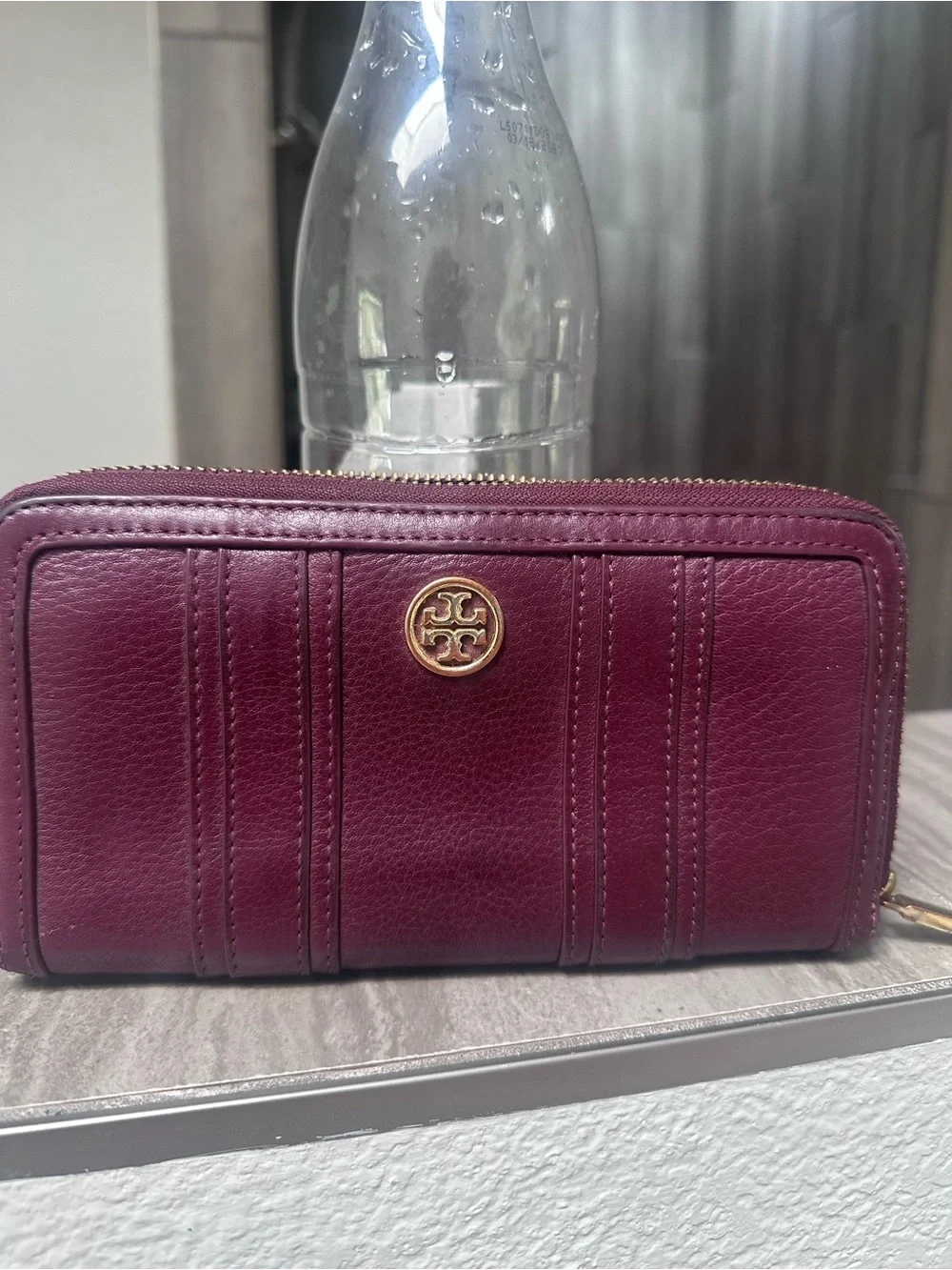 Tory Burch Leather Zip Wallet in Deep Berry with Gold Logo